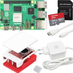 Raspberry Pi 5 Kit de d&eacute;marrage 4 Go, bloc d'alimentation USB-C 27 W, bo&icirc;tier avec ventilateur, carte SD 64 Go, c&acirc;ble micro HDMI 4K, rouge et blanc (smart-home-komponente, neuf)