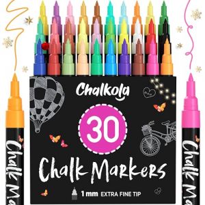 Chalkola Set 30 Feutre Craie Liquide Effa&ccedil;able | Pointe R&eacute;versible 1mm | Chalk Marker et Peinture Stylo Craie pour Tableau Noir | Effacable Marqueur pour Vitre, Fenetre Verre, Ardoise (WizMops, neuf)