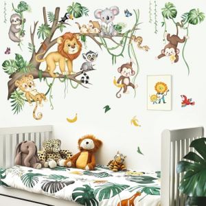 decalmile Stickers Muraux Enfant Grand Animaux de la Jungle Arbre Branche Autocollant Mural Safari Lion L&eacute;opard Singe Vigne D&eacute;coration Murale B&eacute;b&eacute; P&eacute;pini&egrave;re Chambre Enfants (DecalMile Direct, neuf)