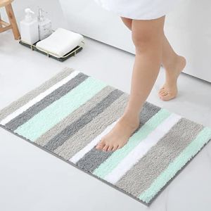 Homaxy Tapis de Bain Antiderapant,Tapis Salle de Bain Ray&eacute; en Microfibre Douce, Absorbant &agrave; Poils Longs, Lavable en Machine - 40 x 60 cm, Vert/Gris (Homaxy EU, neuf)