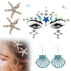 6 Pièces Autocollant de Visage, Strass Maquillage Visage, Serre-Tête de Sirène, Tatouage Gemme de Visage, Barrette Étoile de Mer, Boucles d'Oreilles, Costume de Cosplay de Sirène Brillante du Carnaval (Plenba, neuf)