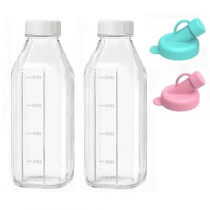 Lot de 2 Bouteilles Transparentes en Verre avec Bouchon avec Couvercles, Réutilisables, 1 Litre, Bouteilles de Jus Pour Laiterie, Jus de Fruits Pour Petit DéJeuner, Pique-Nique, Mariage (2 Pack) (JANNIDE- EUR Direct, neuf)