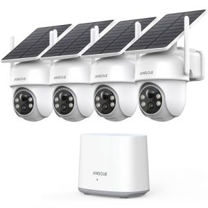 ANSQUE 2K Camera Surveillance WiFi Exterieure sans Fil Solaire &agrave; Batterie, Kit 4 Cam&eacute;ras avec Home Station, Z&eacute;ro Frais, PTZ 360&deg;, Suivi Automatique, Vision Nocturne en Couleur, Alarme Lumineuse Sonore (ANSQUE-FR Security, neuf)