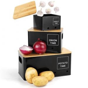 Lannvan Boite Pomme de Terre, Lot de 3 Rangement Pomme de Terre, Boite Oignon, Boite Ail, Boîte de Conservation avec Couvercle en Bois, Boite Rangement Cuisine (Noir) (Madscal, neuf)