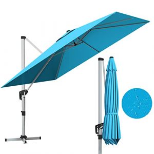 RELAX4LIFE Parasol de Jardin Exterieur Inclinable à 7 Positions Rotation par Pédale, Parasol Déporté 3x3M en Polyester avec 8 Branches Imperméable Anti-UV(Bleu vert) (RELAX4LIFE, neuf)