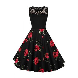 AXOE Femme Robe Vintage Ann&eacute;es 50 Pin Up Mi Longue en Coton et Dentelle Robe de C&eacute;r&eacute;monie Taille Empire pour Mariage, Cocktail & Soir&eacute;e Noir F1B, Taille 50, 4XL (AXOE-FR, neuf)