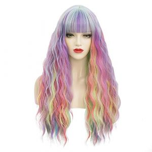 Perruque Longue Arc-en-ciel Colorée Avec Bang, TOMIGO Perruque Longue en Cheveux Synthétiques Arc-en-ciel Multicolores Pour Femmes Halloween Carnaval Costume (TOMIGO, neuf)
