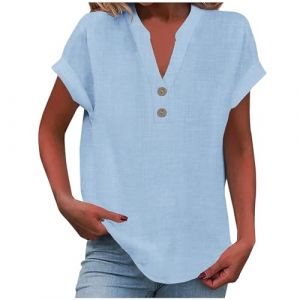 2025 Chemise Lin Femme Coton Et Lin Chemisier élégant à col en V Femme Manches Courtes Henley Chemisier Couleur Uni Tee Shirt été Haut Top Respirant T-Shirts Grande Taille Tunique Blouse Pas Cher (GMGM  (Économisez 50% sur 1 des 2 articles), neuf)
