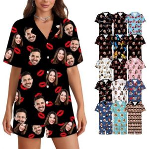 G&eacute;n&eacute;rique Pyjama Personnalis&eacute; avec Photo De Visage pour Hommes Et Femmes, Pyjama Court Personnalis&eacute;, Ensemble Pyjama Ete Satin Soie Loungewear Idee Cadeau Anniversaire Original Taille S-2XL (FATUS, neuf)