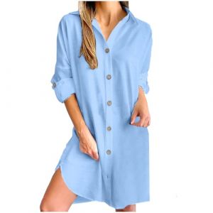 AEGJEGVD Soldes 2025 Robe Chemise Droite Boutonn&eacute;e Devant Blanche Coton Lin Femme Grande Taille D&eacute;contract&eacute; &agrave; Manches Longues Robe de Plage Ample Tunique Robes Longueur Genou R&eacute;tro Maxi Longue Dress (⭐⭐⭐⭐⭐AEGJEGVD⭐⭐⭐⭐⭐, neuf)