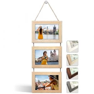 NEOWS Cadre Photo Multiple avec Corde pour Suspendre au Mur - Lot de Cadres Décoratifs pour Accrochage Mural Vertical - Porte Portrait Pele Mele - Photos 10x15 (Chêne Naturel, 3 Photos Horizontal) (NEOWStore, neuf)