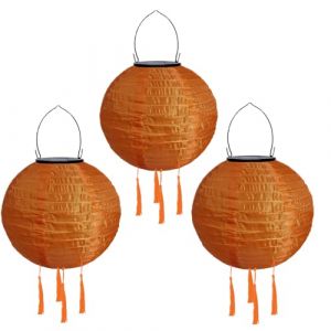 Lot de 3 lampions solaires d'ext&eacute;rieur r&eacute;sistants aux intemp&eacute;ries - Lanterne solaire &agrave; LED - &Eacute;tanche - Avec pompon - Lampes solaires &agrave; suspendre - En papier - 20 cm - Orange (ZDD123, neuf)
