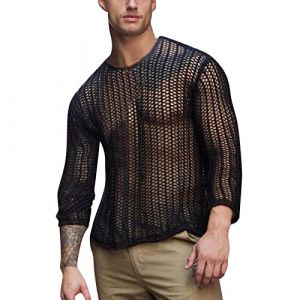Duohropke T-shirt en maille transparente pour homme - Manches longues - Transparent - Clubwear - Chemise à manches longues - Chemise en maille filet - Sous-vêtements - Maillot de corps - Chemise en (PANGCON, neuf)