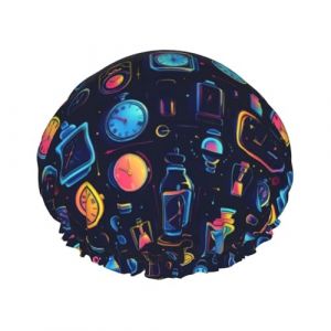 Grand bonnet de douche r&eacute;utilisable pour femme &ndash; Double n&eacute;on r&eacute;tro imprim&eacute; horloge bonnet de cheveux pour douche avec corde &eacute;lastique et doublure en PEVA (shengCY-US, neuf)