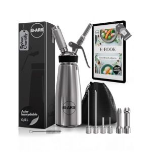 B-ARS Siphon Chantilly Acier Inoxydable 500 ML Boissons Mousses Chantilly Avec Buses Décoratives Aiguilles Accessoires Sac Nettoyage Livre Recettes Matériaux Durables Facile À Utiliser. (Utenser SLU, neuf)