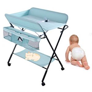 HUOLE Table a Langer Pliante Chambre Bébé Réglable en Hauteur,Table à Langer Pliable,Commode à langer pour bébé,avec sangle de sécurité et paniers de rangement,80 * 66 * 98cm（Bleu） (Hechheu, neuf)