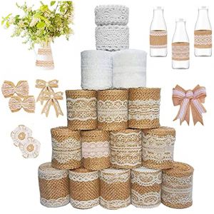 Lot de 16 rouleaux de ruban en toile de jute naturelle (12 rubans de jute avec dentelle + 4 rubans de dentelle blanc vintage) vintage décoration de mariage ruban de dentelle autocollant décoratif (Kaiwend, neuf)