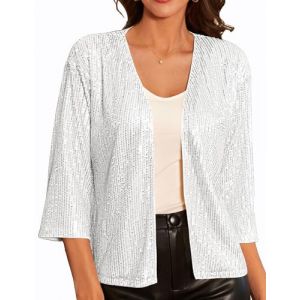 GRACE KARIN Femme Cardigan Court &agrave; Sequins Manches Longues Pull Chic Bolero Femme Mariage Col V pour Soir Blanc &agrave; Paillettes XXL (Zexxxy, neuf)