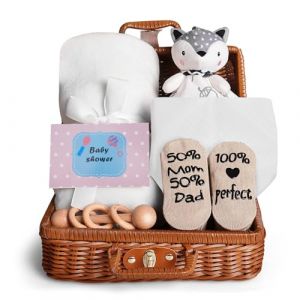 Coffret cadeau de naissance pour bébé – Cadeau 7 en 1 pour nouveau-né garçon et fille avec couverture, doudou, hochet en bois, bavoir, chaussettes et boîte souvenir – Cadeaux de naissance pour fille (BANANA PEAKS LIMITED, neuf)