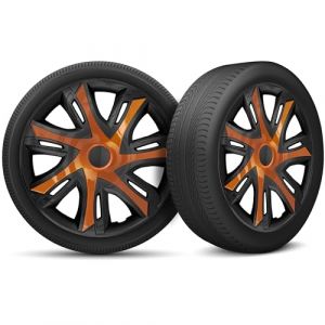 Moltico Enjoliveur - Set de 4 Universel Enjoliveurs - Adapt&eacute; &agrave; Toutes Roues en Acier - Enjoliveurs pour Auto - Anneau de S&eacute;curit&eacute; R&eacute;glable - 14 Pouces - Orange-Noir (Moltico-Shop, neuf)