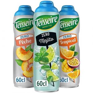 Lot de 3 sirops Teisseire Zéro Sucres (Mojito, Pêche, Tropical) pour Boisson Rafraîchissante, Cocktails, Bidon Recyclable 3x60cl (THE SIROP SHOP, neuf)