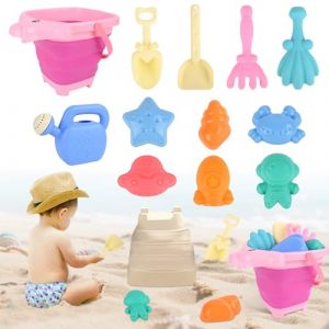Euakee Jouet de Plage Enfant, 12 Pièces Jeux de Plage avec Seau Poney Plage Pliant, Roue À Eau, Pelle Râteaux Moules, Glace Jeu de Plage Enfant pour Bac a Sable Intérieur Extérieur (Rose) (Vaaaipokin, neuf)