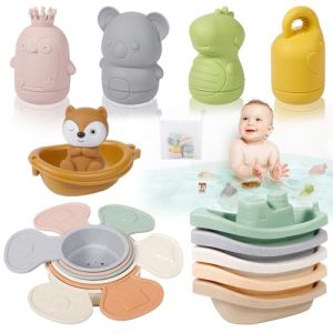 SaiXuan Jouet de Bain B&eacute;b&eacute; 17 Pi&egrave;ces &ndash; 4 Jouets de Bain en Silicone, 6 Gobelets d&rsquo;Empilage, 5 Bateaux, 1 Barque avec Renard & Filet 37&times;47 cm &ndash; Jouet Bain B&eacute;b&eacute; pour Baignoire & Douche (RONGAG CONT S.R.L., neuf)