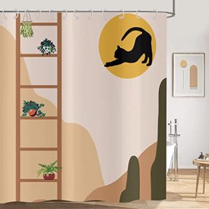 Hnmdmyi Rideau de Douche Boho 90x180, Mid Century Abstrait Chat Noir Soleil Plante en Pot Baignoire Rideau Moderne Minimaliste G&eacute;om&eacute;trique Esth&eacute;tique Art Imperm&eacute;able Tissu Polyester Rideau de Bain (Hnmdmyi, neuf)