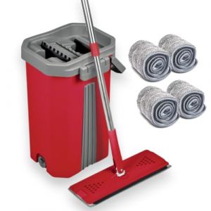 Balai Serpilli&egrave;re Mop Compact Malin &ndash; Kit Complet de Nettoyage avec Seau 2 Compartiments Nettoyer / Essorer &ndash; Manche 141 cm, Lingettes et T&ecirc;te Plate et pivotante XL (Balai Pro + 4 Lingettes) (Valse des Prix, neuf)
