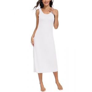 Lovasy Fond de Robe Longue Lingerie Femme en Modal sous Robe &Eacute;l&eacute;gant Col Rond avec Bretelles Larges Sexy Slip Chemise de Nuit Antistatique Gainant,A-Blanc,S (Lovasy Direct, neuf)