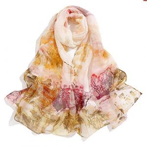 Dancila Foulard En Soie Pour Femmes - Floral Imprim&eacute; Mousseline De Soie &Eacute;charpe Wrap 155 * 50cm - Ch&acirc;les Tube (Paysage Rouge/Blanc/Jaune) (Rembcom, neuf)