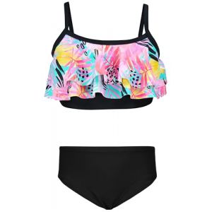 Aquarti Set Bustier Slip de Bikini Maillots de Bain Deux Pièces Filles Deux Pièces, 030I avec Volants/Feuilles/Rose/Jaune/Noir, 122 (LotteStyle, neuf)