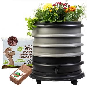 WORMbox | Lombricomposteur 3 Plateaux Gris + Jardinière + 250gr de vers de Compost + 1 Bloc Coco | 48 litres | Compostez Vos déchets organiques, Les vers de Terre/lombrics/lombricompost (Ferme du Moutta, neuf)