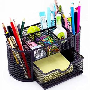 Lenfuos Organiseur de bureau en maille m&eacute;tallique avec tiroir et porte-stylo, 9 compartiments de rangement pour stylos, agrafeuses, notes adh&eacute;sives, organiseur de bureau peu encombrant (noir ovale) (Lenfuos, neuf)