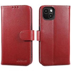 LENSUN Coque iPhone 13, &Eacute;tui en Cuir V&eacute;ritable Portefeuille [RFID Blocage] Housse avec Rangements Cartes et Fermeture Magn&eacute;tique &agrave; Clapet pour iPhone 13 5G - Vin Rouge (LENSUN-SX, neuf)