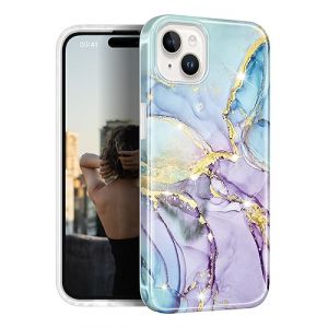 JIAXIUFEN Coque compatible avec iPhone 13 – Coque en silicone TPU souple – Coque de téléphone fine et résistante aux chocs – Motif marbre doré – Violet et bleu scintillant (RXKEJIEU, neuf)