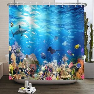 SDOTPMT 180x243cm Rideau de Douche sous - Marin Multicolore récif corallien Poisson Baleine Tortue sous - Marine Animaux thème Rideau de Douche pour Enfants Salle de Bain décoratif avec Crochet (SDOTPMT, neuf)