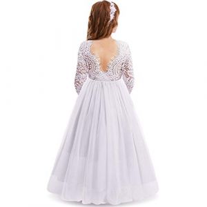 IWEMEK Cils Dos Nu V-Back Dentelle Tulle Maxi Robe Manche Longue Fille Mariage Honneur Robes de Bal Ceremonie Première Communion Soirée Anniversaire Fête Robes pour Enfants Blanc 3-4 Ans (IWEMEK, neuf)