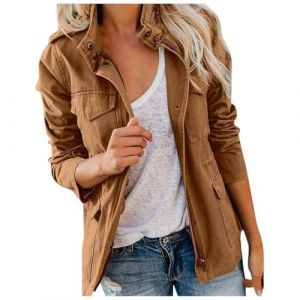 Veste Femme mi Saison Printemps Militaire Manteau Blouson en Coton Kaki Jacket avec Poches Casual Parka Veste Saharienne Legere D&eacute;contract&eacute; Outwear Zipper Grande Taille (NIyong, neuf)