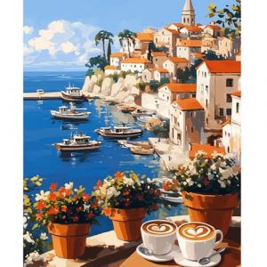 NEWENMO Village Côtier Pittoresque Peinture par Numero Adulte,Bateau et Fleurs Peinture Numero,Paint by Numbers,DIY Peinture à l'huile,Acryliques Bricolage Peintures Kits,pour Décor Maison 40x50cm (newenmo, neuf)