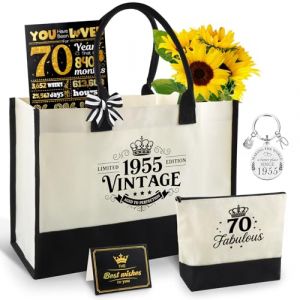 ZXShow Cadeau 70 ans femme Ensemble vintage 1955 sac cabas en toile imperm&eacute;able trousse carte de v&oelig;ux et porte-cl&eacute;s Cadeau souvenir durable et r&eacute;utilisable pour maman amie ou &eacute;pouse (ZXShow, neuf)