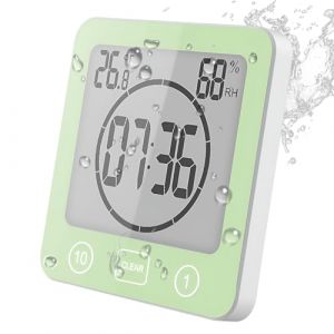 Horloge de Salle de Bain, Horloge de Douche Contrôle Tactile étanche, Alarme Numérique LCD, Thermomètre Hygromètre, Minuterie de Compte à Rebours, Alimenté par Pile, pour Maquillage Cuisine (Vert) (BSDZ, neuf)