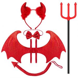 Spooktacular Creations Ensemble de 5 pièces pour Halloween avec ailes de diable rouges, fourche de diable, nœud papillon, bandeau de corne de diable en paillettes et queue de diable Accessoires (Joyin Direct, neuf)