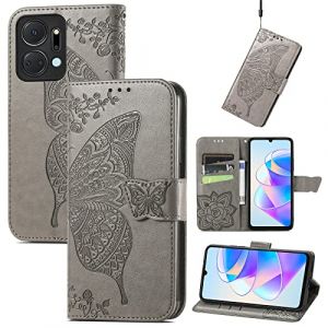 JIUNINE Coque pour Honor X7a, Antichoc Housse étui en Cuir PU Flip Case Portefeuille à Rabat avec Motif Papillon [Porte Carte] [Fermeture Magnétique] pour Honor X7a, Gris (JIUSEN EU Store, neuf)