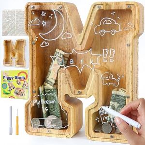 Lakpopya Tirelire en Bois Grande pour Enfant Adulte Tirelire Cochon Personnalisée de Lettres A-Z avec Zone Cible Tirelire Billet Transparente Créative pour Cadeau Décoration Baptême (M) (Never fail, neuf)