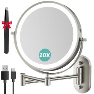 Auxmir 8" Miroir Grossissant Lumineux Mural x20, Miroir Grossissant Mural avec 3 Modes Couleur, 1X/20X Grossissement Charge USB, &Eacute;cran Tactile, 360&deg; Pivotant et Extensible pour Salles de Bain, Nickel (Auxmir Direct, neuf)
