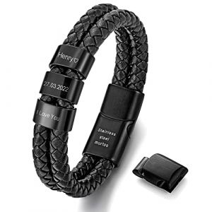 murtoo Bracelet homme personnalis&eacute; en cuir noir avec gravure, bracelet grav&eacute; avec nom, fermoir magn&eacute;tique en acier inoxydable, id&eacute;e cadeau personnalis&eacute;e pour homme (3 anneaux) (Bvanarn-offical, neuf)