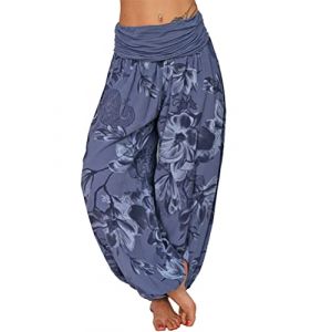 Minetom Femme Harem Pantalon Yoga Sarouel Legers Hippie Baggy Léger Ethnique Calqué Smockée Taille Haute avec Poches Été Plage Pantalon Aladin Jogging C Bleu XL (B.W.S KIT, neuf)