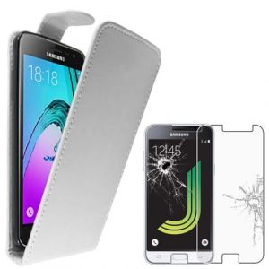 ebestStar - Etui Samsung Galaxy J3 2016 SM-J320F - Housse Coque Etui Flip Simili Cuir &agrave; Rabat vertical + Film protection &eacute;cran en VERRE Tremp&eacute;, Couleur Blanc [Dimensions PRECISES de votre appareil : 142.3 x 71 x 7.9 mm, &eacute;cran 5''] [Note Importante Lire De