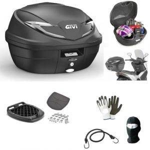 Compatible avec Piaggio MP3 LT 500 i.e. Business Coffre Top Case B360NT2 Tech Valise DE 39 litres+KIT DE Fixation pour Porte-Bagages ARRIÈRE DE Moto/Scooter+Plaque pour 2 Casques (CLICK&GO, neuf)